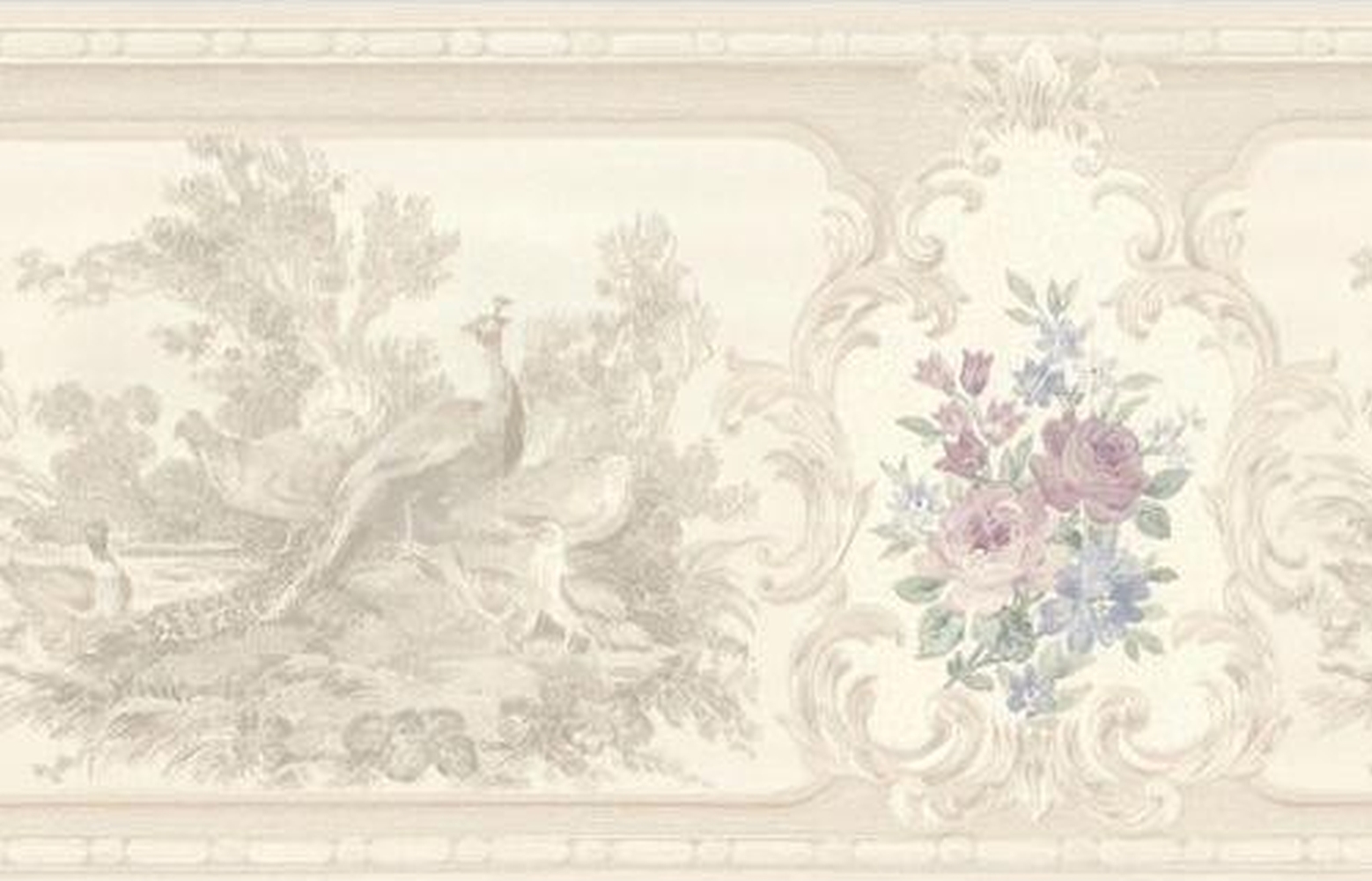 Prepasted Wallpaper Border Nature Beige, Pearl, Taupe Peacocks, Ducks