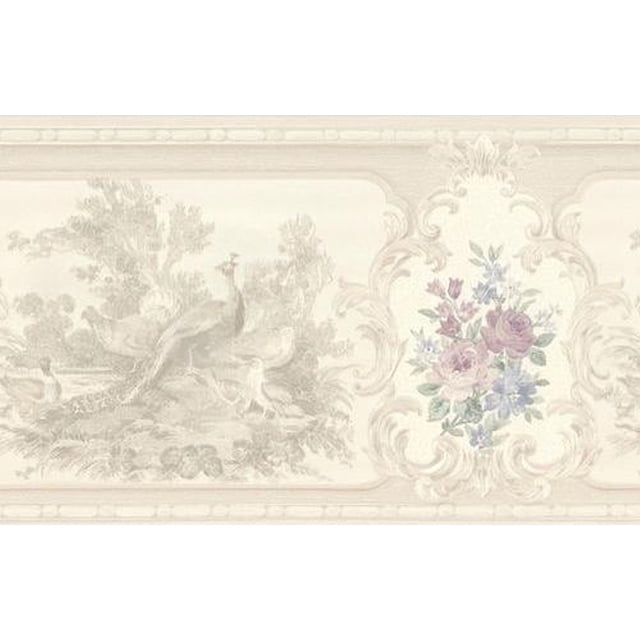 Papier Peint Précollé Bord - Nature Beige, Perle, Paons Taupe, Canards, Roses Mur Bord Rétro Design, 15 Pi x 7 Po (4,57 M x 17,78 Cm)