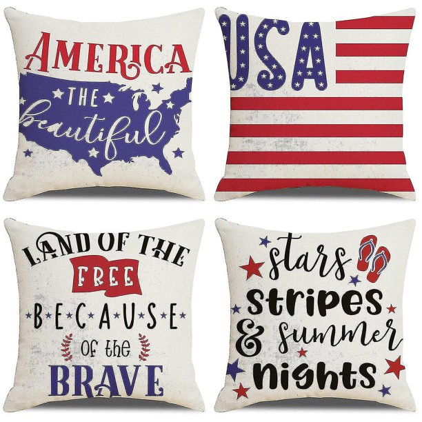Juego de 4 fundas de almohada con bandera americana, celebración del Día de la Independencia Patriótica, palabras en inglés, funda de almohada, cojín