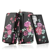 for Samsung Galaxy S22 Ultra Wallet Case - Magnetic Detachable Back Case with RFID Blocking Card Holder, Hand Strap & Crossbody Strap, Floral Flower PU Leather Flip Cover Case for Women Girls, Black