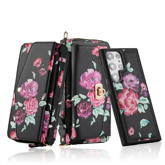 for Samsung Galaxy S23 Ultra Wallet Case - Magnetic Detachable Back Case with RFID Blocking Card Holder, Hand Strap & Crossbody Strap, Floral Flower PU Leather Flip Cover Case for Women Girls, Black