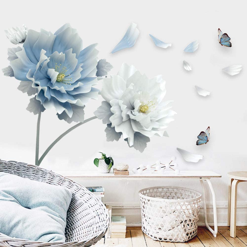 23X35 Inch Wall Stickers Blue White Flower Lotus Butterfly Removable Wall Stickers Wall Art Decals Mural Art For Living Room Bedroom Home Decor