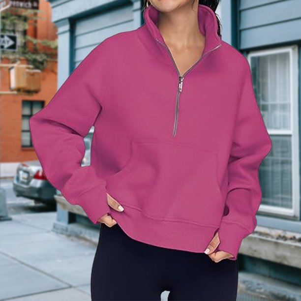 Sudadera Ropa de otoño con cuello alto y media cremallera para mujer Traje diario de color sólido (Rosa Rojo XL) Kuymtek Rosa roja T XL para Mujer
