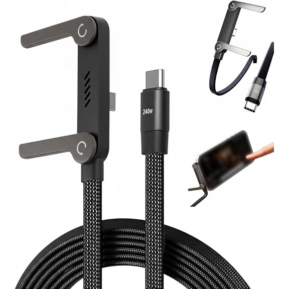 New Invisible Holder Charging Cable, Sideways Phone Charger 2 in 1 with Built-in Phone Stand, 240W Super Fast Charging Braided USB-C Cable for Gaming, Office, Car Travel