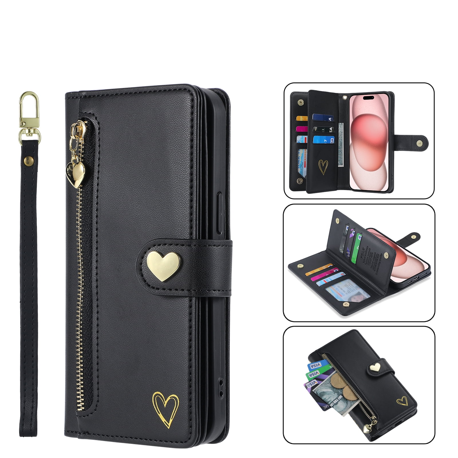 Case for iPhone 15 Wallet phone case with zipper pocket, wrist strap, flip cover and built-in card slots.