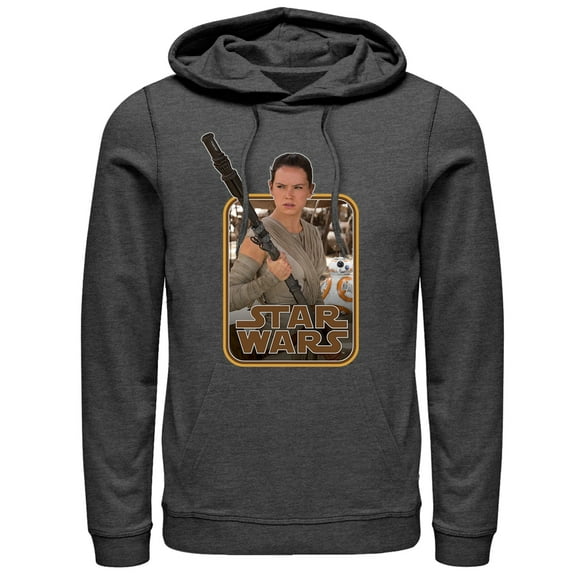 Men's Star Wars The Force Awakens Retro Rey and BB-8  Pull Over Hoodie Charcoal Heather Large
