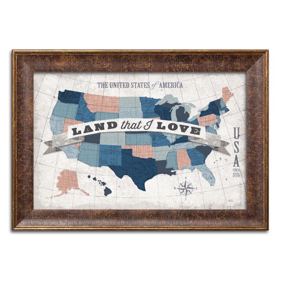 Gango Home Decor Contemporary USA Modern Vintage Blue Grey Red with Words by Michael Mullan (Ready to Hang); One 18x12in Gold Trim Framed Print