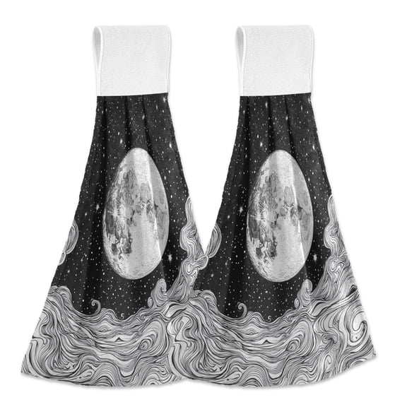Yayeee Kitchen Hanging Hand Towels Set of 2 with Loop Bathroom Absorbent Tie Towel, Black Moon