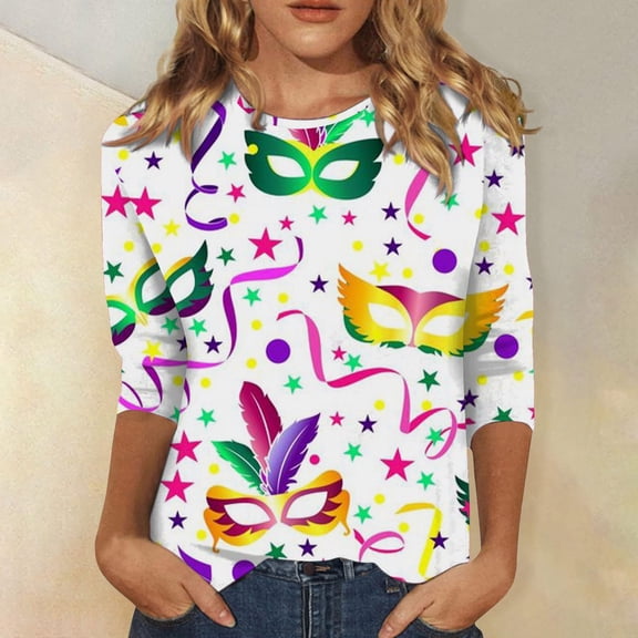 BOOMILK Mardi Gras Shirts for Women Loose Fit 3/4 Sleeve Plus Size Tops Crew Neck Carnival Graphic Tees