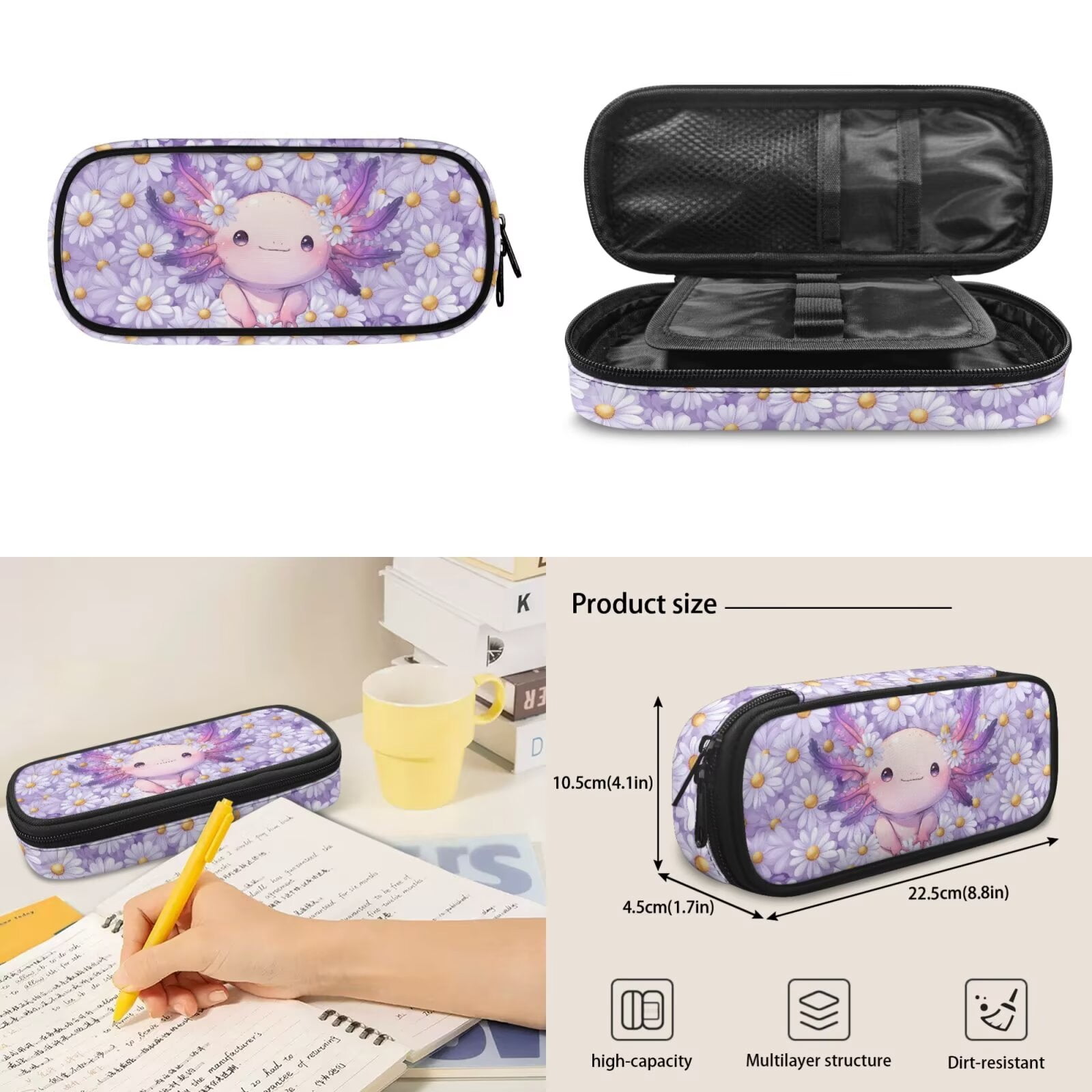 Pzuqiu Daisy Axolotl Girls Backpacks School Backpack with Lunch Bag Pencil Case Water Bottle Holder for 10-12 Kids 17 Inch Bookbag 4 Pcs School Bag Set Lightweight Laptop Backpack