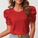 thumbnail image 4 of Camiseta holgada de mujer con mangas cortas abullonadas y cuello redondo - Talla XL Top de verano de jacquard rojo calado, 4 of 7