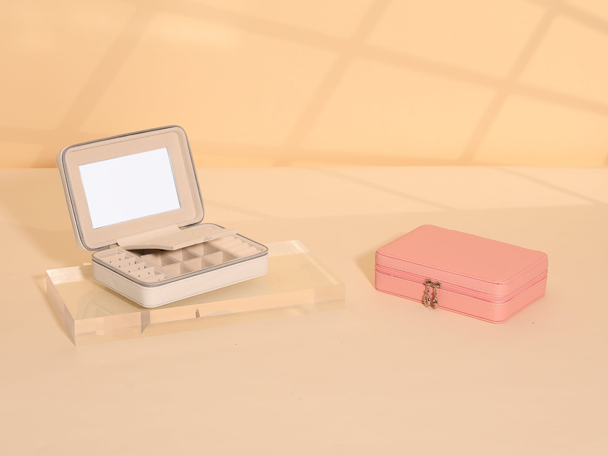 Unique Bargains Travel Jewelry Box with Mirror Portable PU Leather Jewelry Organizer Pink
