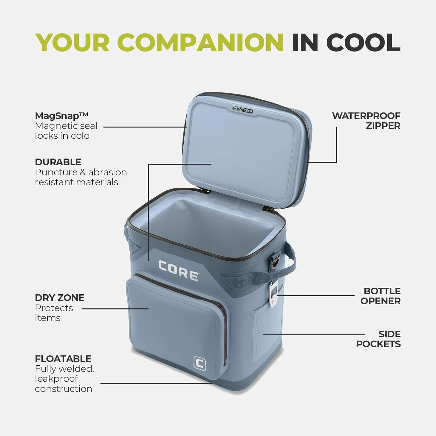 CORE 36 Can Climakeep Magnetic Soft Cooler, Leakproof Cooler, Waterproof Zipper, Steel Blue
