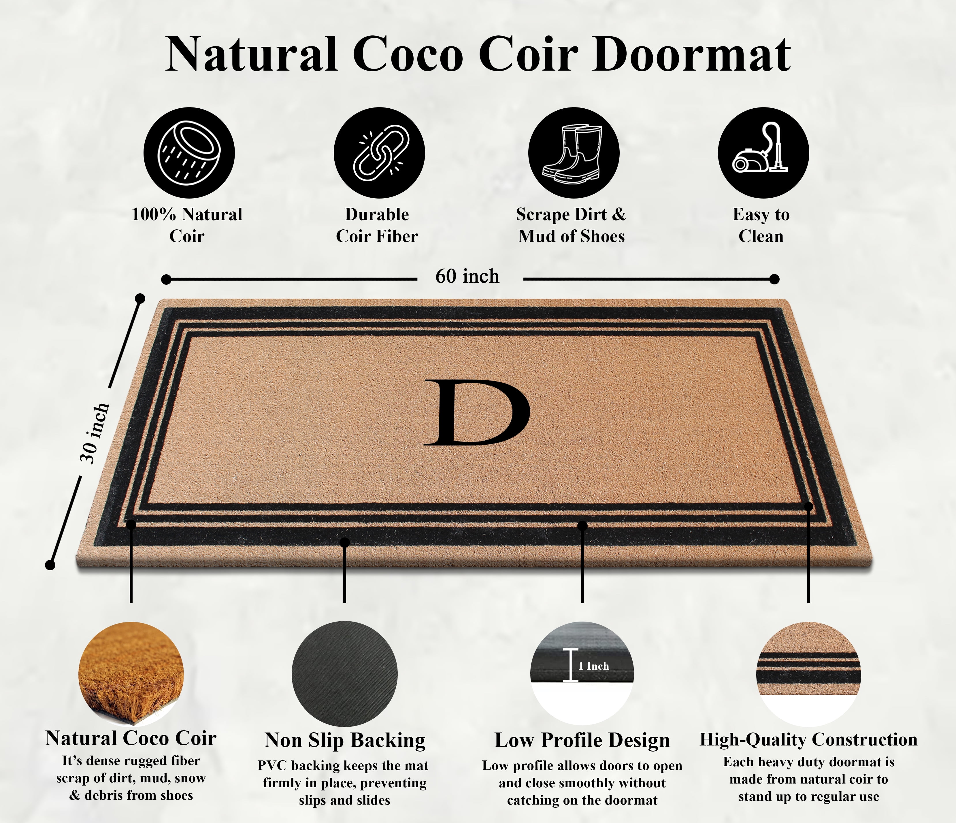 A1HC Natural Coir Flock Monogrammed Door Mat for Front Door, 30x60, Anti-Shed Treated Durable Doormat Outdoor Entrance, Heavy Duty, Thin Profile, Easy to Clean, Long Lasting, Front Door Entry Doormat