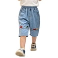 thumbnail image 4 of Ticikt Boys' Cotton Denim Capri Shorts, Elastic Waist Car Embroidered Summer Pants,Light Blue,7-8 Years, 4 of 5