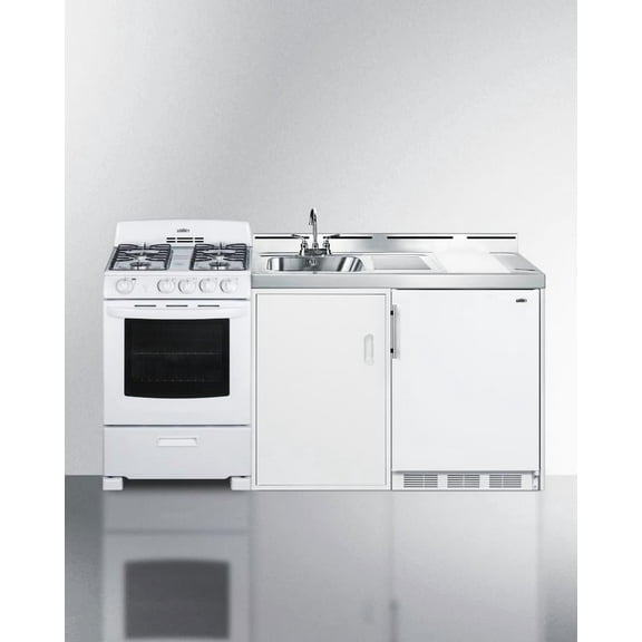 All-in-one combination kitchenette with refrigerator-freezer, sink, storage cabinet, and gas range