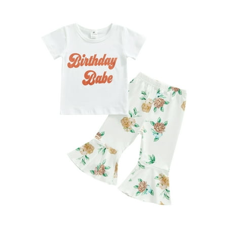 

Sunisery Toddler Kids Girls 2Pcs Outfits Short Sleeve Letter T-shirts + Flower Printed Flare Pants Clothes Sets White 4-5 Years
