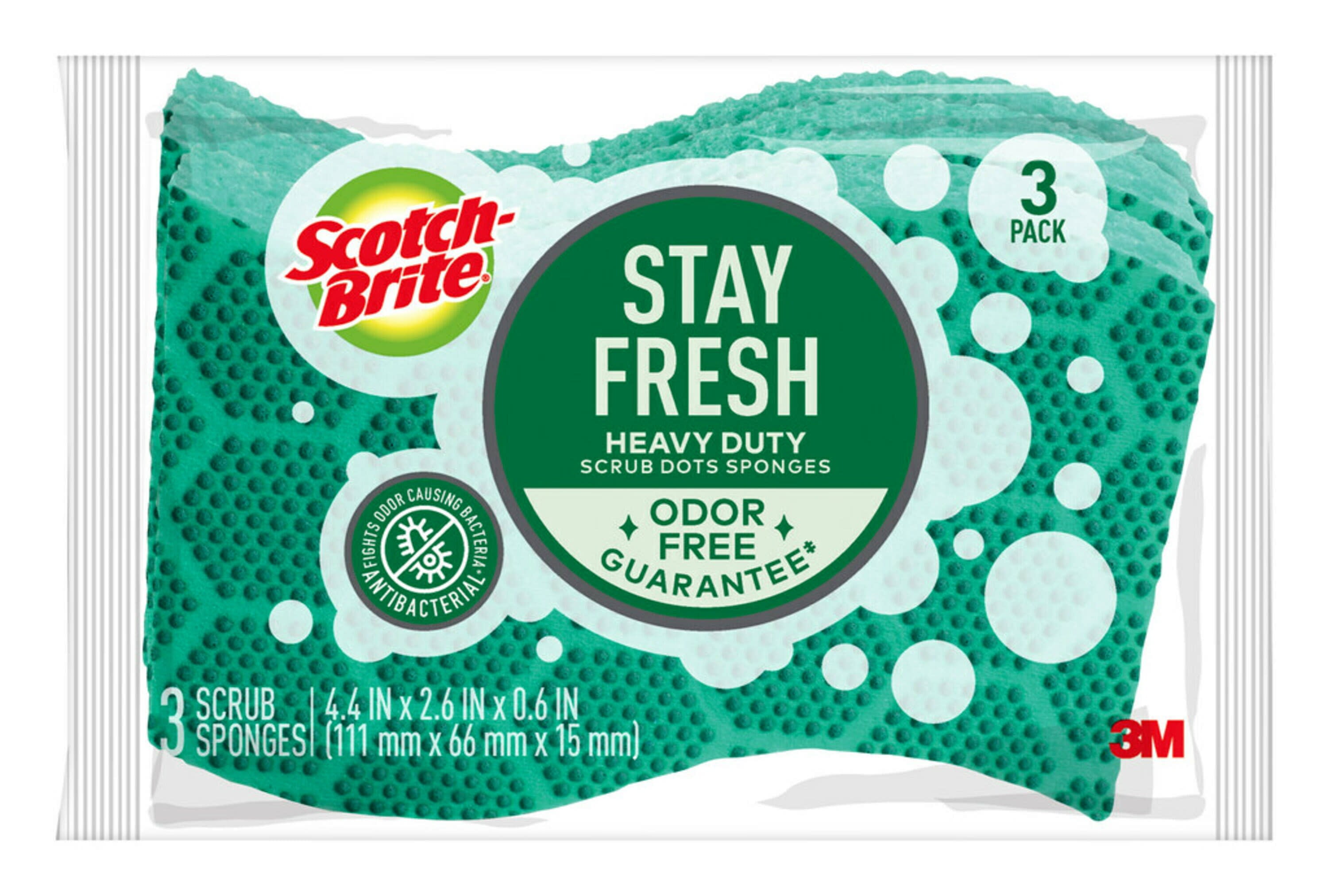 Scotch-Brite Stay Fresh Sponges, Heavy Duty, Odor Free Guarantee, Antibacterial, 3 Scrubbers