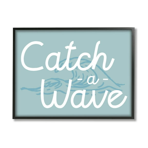 Stupell Industries Catch a Wave Phrase Landscape Painting Black Framed Art Print Wall Art, 14 x 11