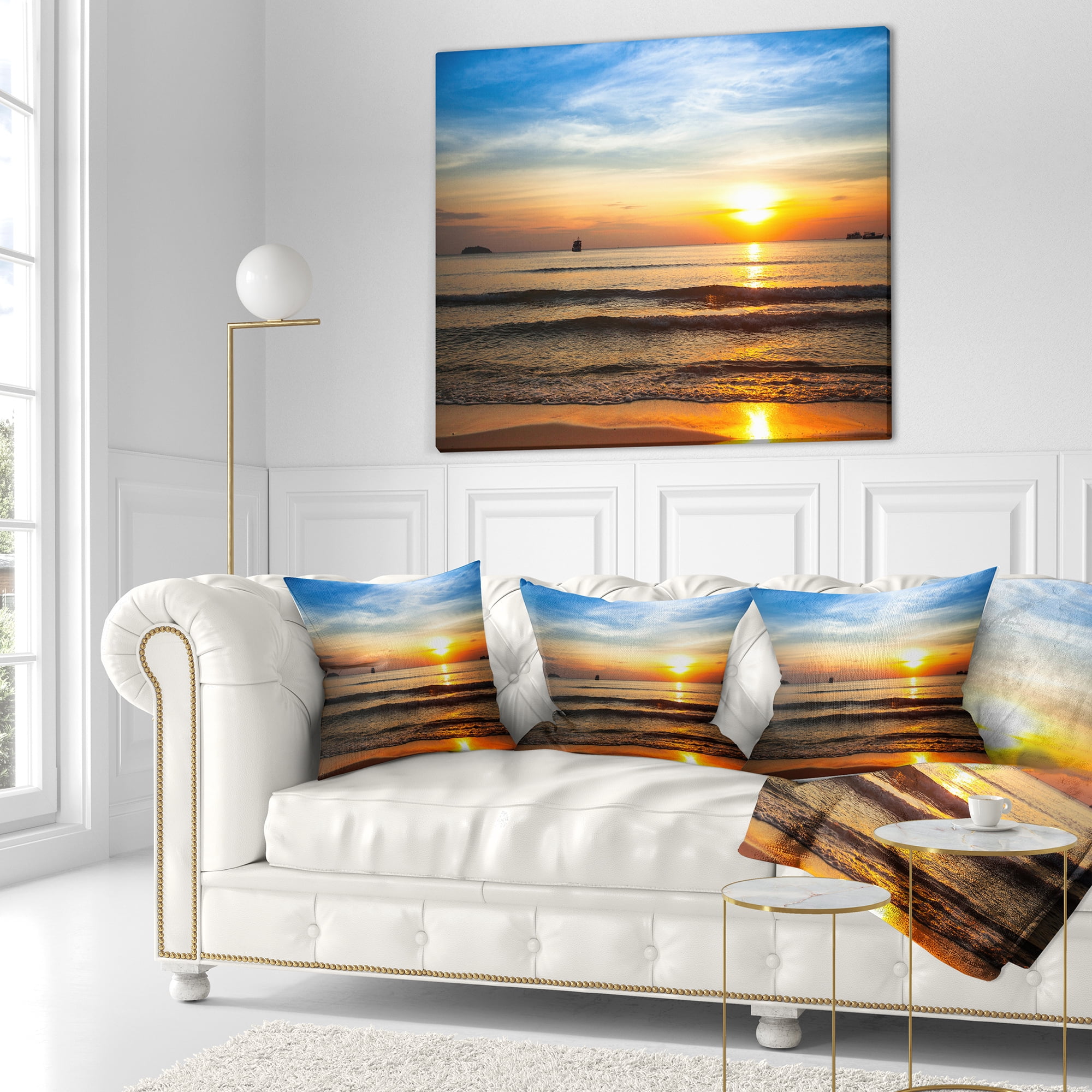 Designart Fascinating Sunset Over Clam Beach - Modern Beach Throw Pillow - 16x16