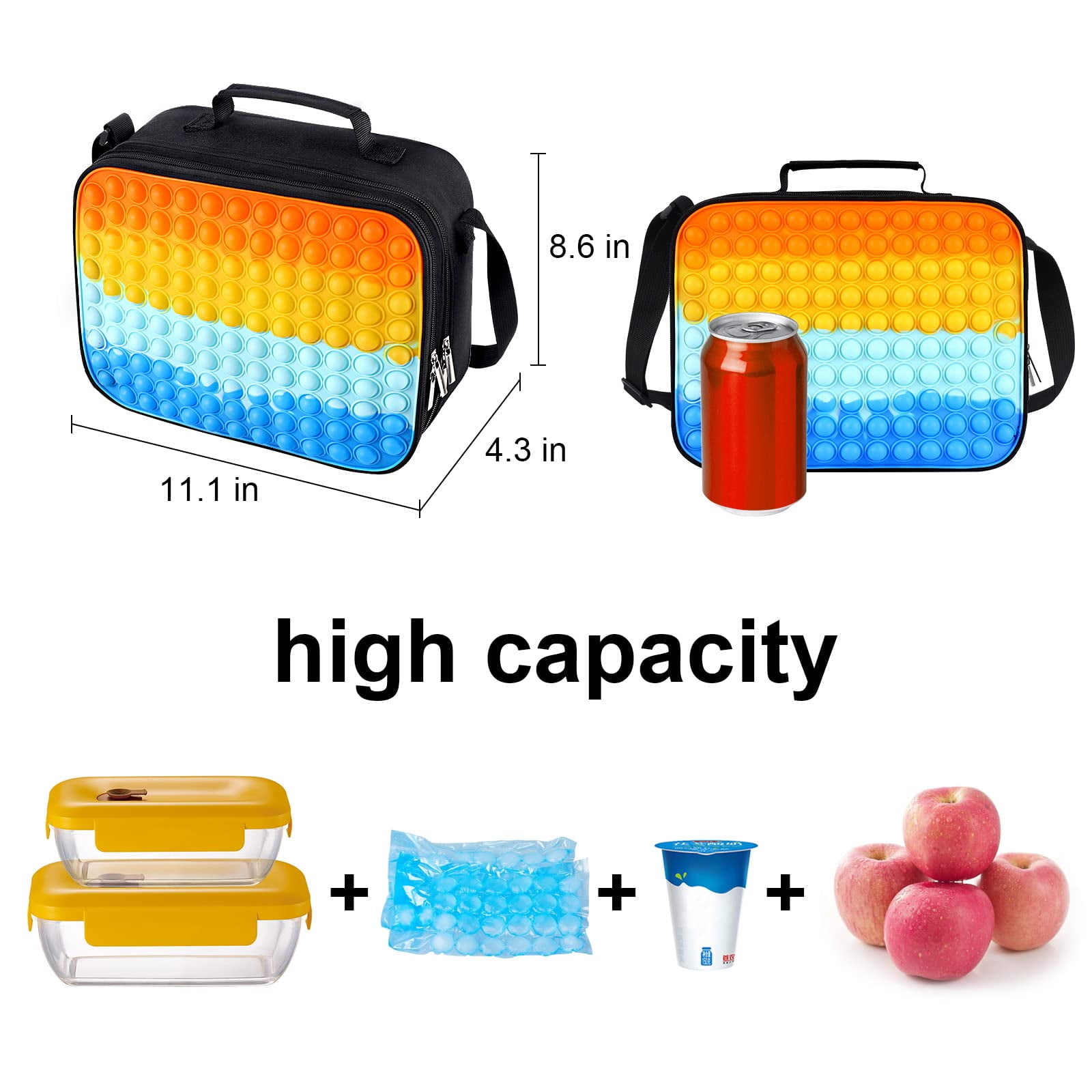 Pop Lunch Box Bag Women Fidget Toys for Boy Girls, Insulated Lunch Bag,  Fidget Lunch Large Tote Bag for School Office , Christmas Leakproof Cooler Lunch  Box with Adjustable Shoulder Strap 