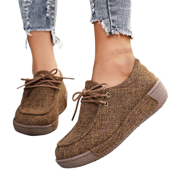 Denim Loafers for Women Platform Soft Sole Cushioned Walking Shoes Lace up Casual Round Toe Canvas Shoes Brown Size 10