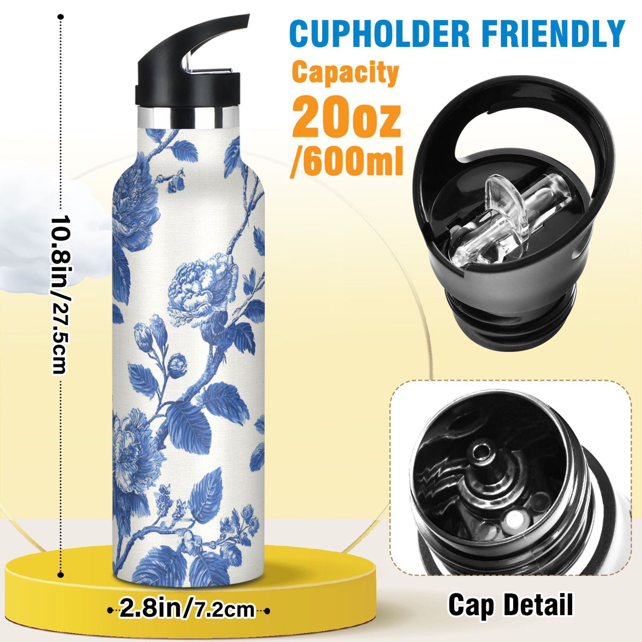 Kids Insulated Stainless Steel Sports Water Bottle 600ml (20oz) Blue Floral