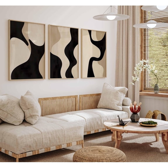 UNFFRAMED Japandi Abstract Wall Art Set Of 3 Posters Minimalist Abstract Modern Wall Art Beige & Black Minimalist Living Room Decor Set 3 Prints 8x12