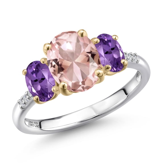 Gem Stone King 925 Silver and 10K Yellow Gold Peach Nano Morganite and Purple Amethyst and Lab Grown Diamond Engagement Ring for Women | 2.96 Cttw | Oval 9X7MM | October Birthstone | Size 8