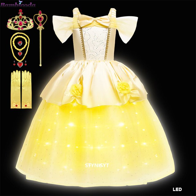 Vestido de princesa bella para niñas, ropa de fiesta de La Bella y La Bestia, disfraz de corona con palo mágico, 2023