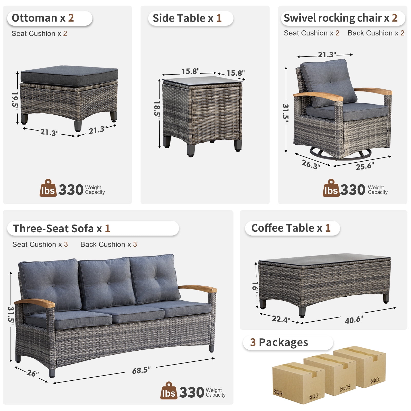 MEISSALIVVE 7-Piece Patio Furniture Set, Outdoor Rattan Conversation Set with 2 Swivel Rocker Chairs, 3-Seat Sofa, 2 Ottomans & Coffee Table, Gray