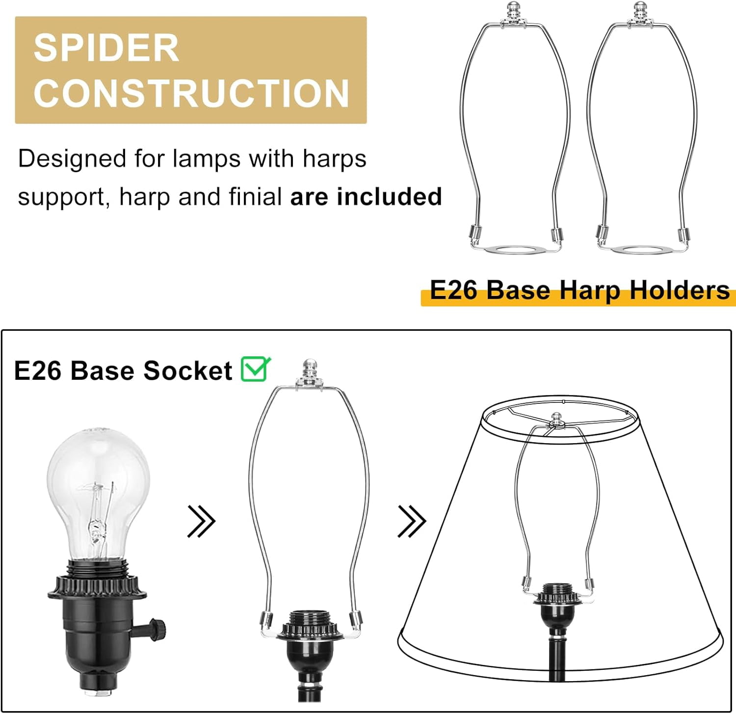 White Lamp Shades Set of 2, Empire Large Lamp Shades for Table Lamps Floor Lamps, 6" Top x 16" Bottom x 10.8" High, Natural Linen Lampshades Replacement, Spider, Harp Holders Included, Easy Assembly