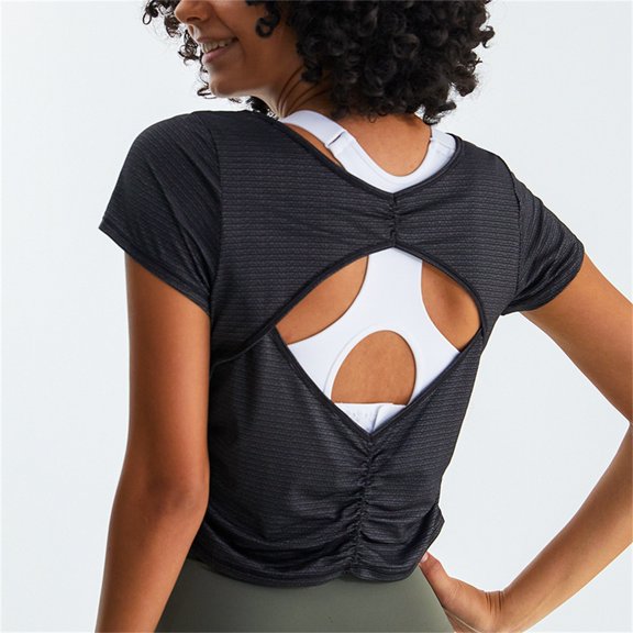 Baqcunre Womens Tops,Summer Back Top Breathable Quick Dried Sports T Shirt Running Training Fitness Top Yoga Short Sleeve Workout Tops for Women,Crop Tops for Women Shirts for Women Black S-XL