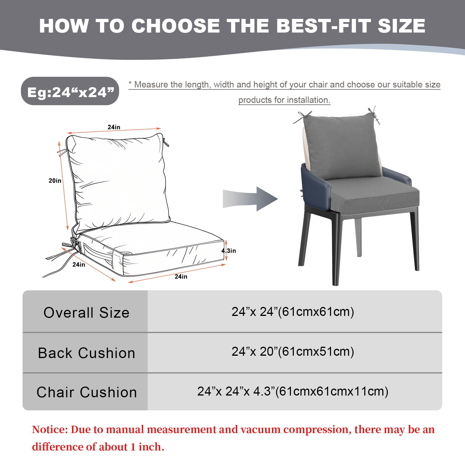 24 x 24 Inch Outdoor Deep Seat Cushion Set - Waterproof Fade-Resistant Patio Furniture Cushions with Removable Covers, Adjustable Straps & Handles for Chairs, Sofa, Couch (2-Piece)