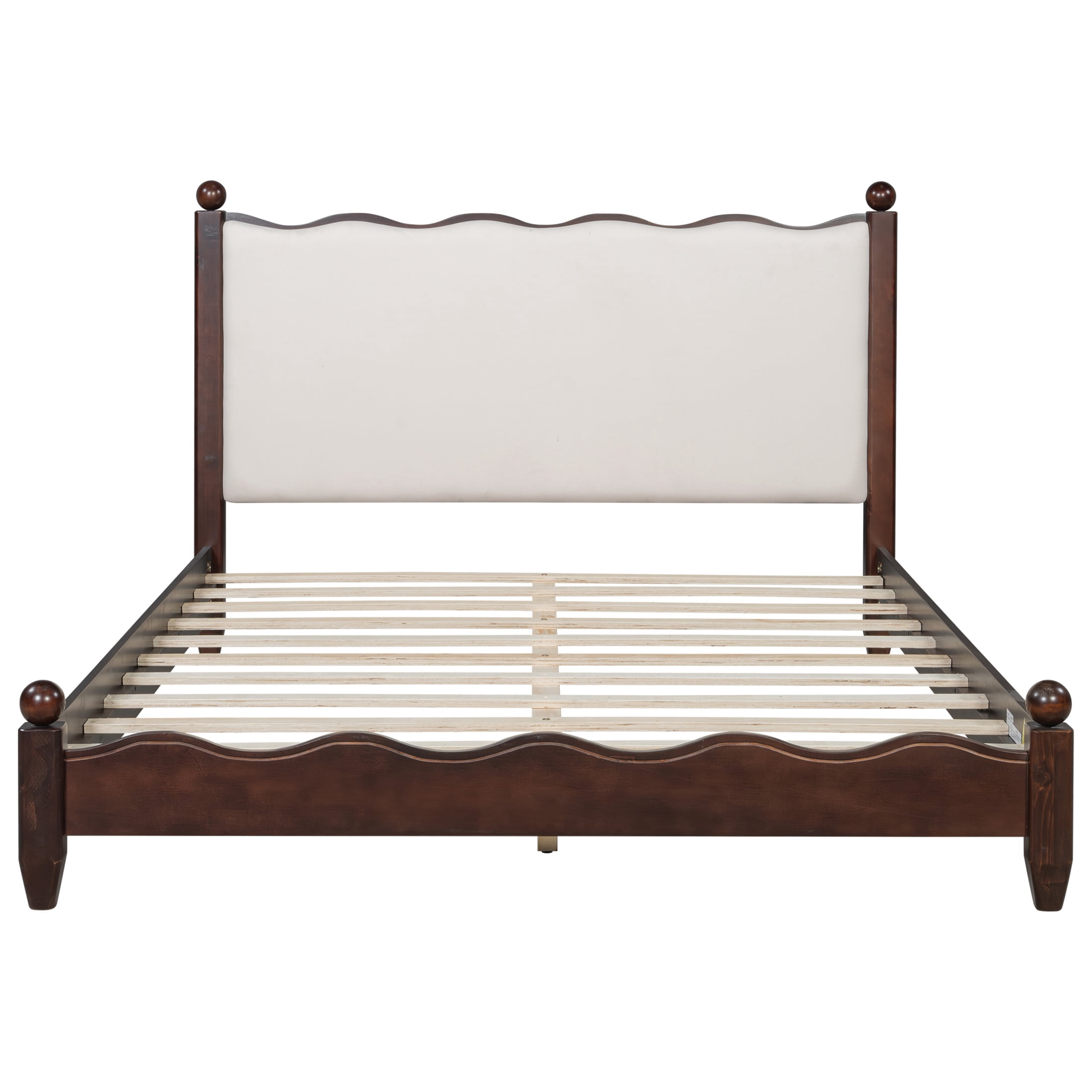 Noble House Lorven Queen Size Platform Bed with Scalloped Upholstered Headboard, Pine Wood Frame, Beige & Espresso
