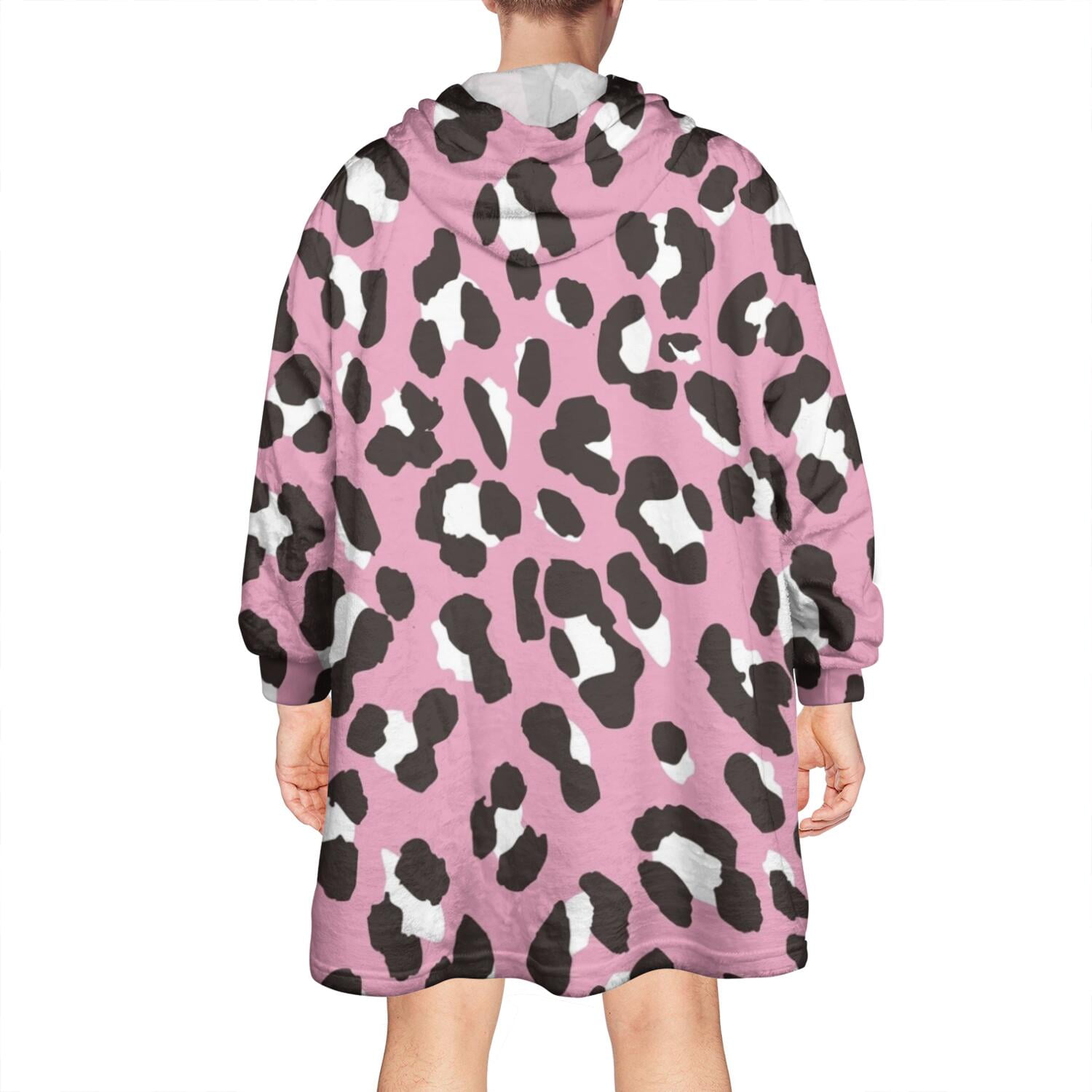 Pink and Black Of Leopard Print Wearable Oversized Blanket,Wearable Blanket Hoodie for Adults,Cozy Hooded Blankets with Super Pockets,Super Warm Fuzzy Pullover for Women & Men