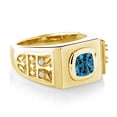 thumbnail image 3 of Gem Stone King 2.78 Ct Cushion London Blue Topaz 18K Yellow Gold Plated Silver Men's Ring (Size 10), 3 of 4