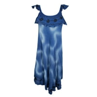 Mogul Tie Dye Blue Flare Dress Scoop Neck Frilled Sleeveless Floral Embroidered Tank Dress S/M