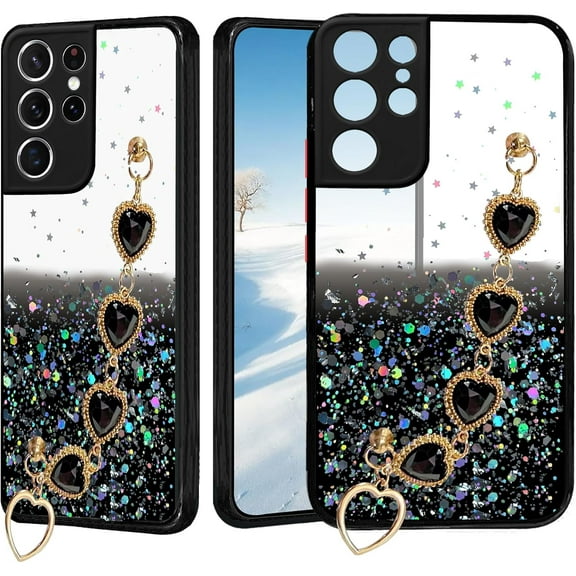 for Samsung S21 Ultra Case Clear Glitter Silicone, Shockproof Phone Case Samsung Galaxy S21 Ultra Case with Chain Strap Bracelet for Women Aesthetic Transparent Cover Pink Cute (Black)