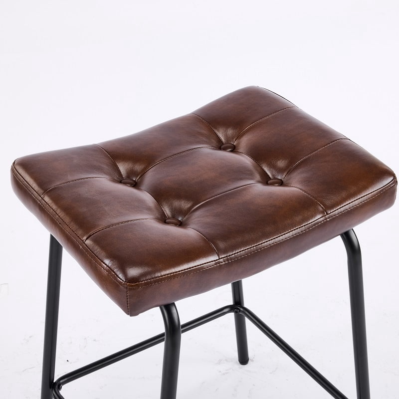 3-Piece 24-Inch Tufted Faux Leather Saddle Counter Stools with Metal Legs, Dark Brown