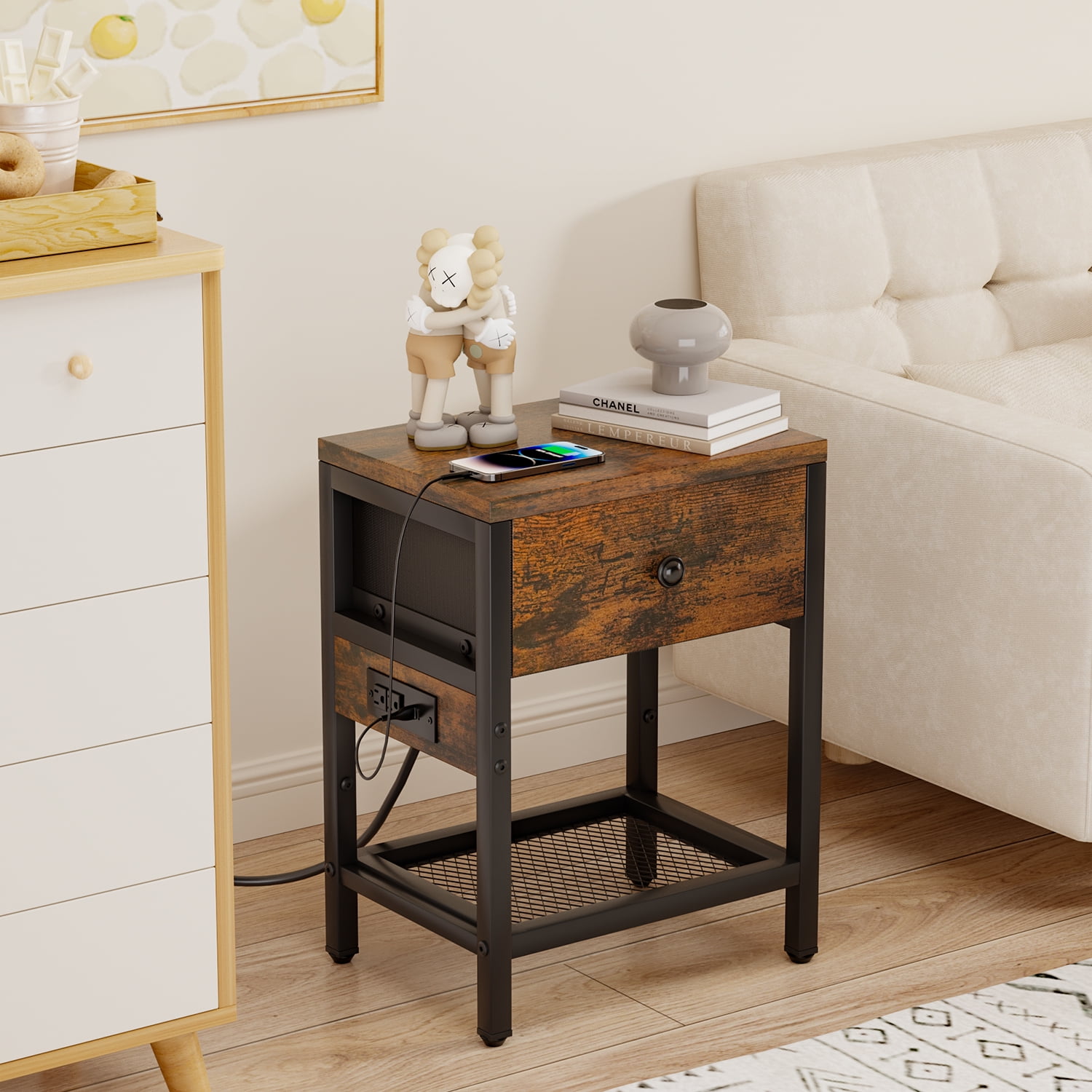 Behost Rustic Brown Nightstand with Charging Station, Side Table with Fabric Drawer, 3 Tiers End Table for Living Room, Bedroom