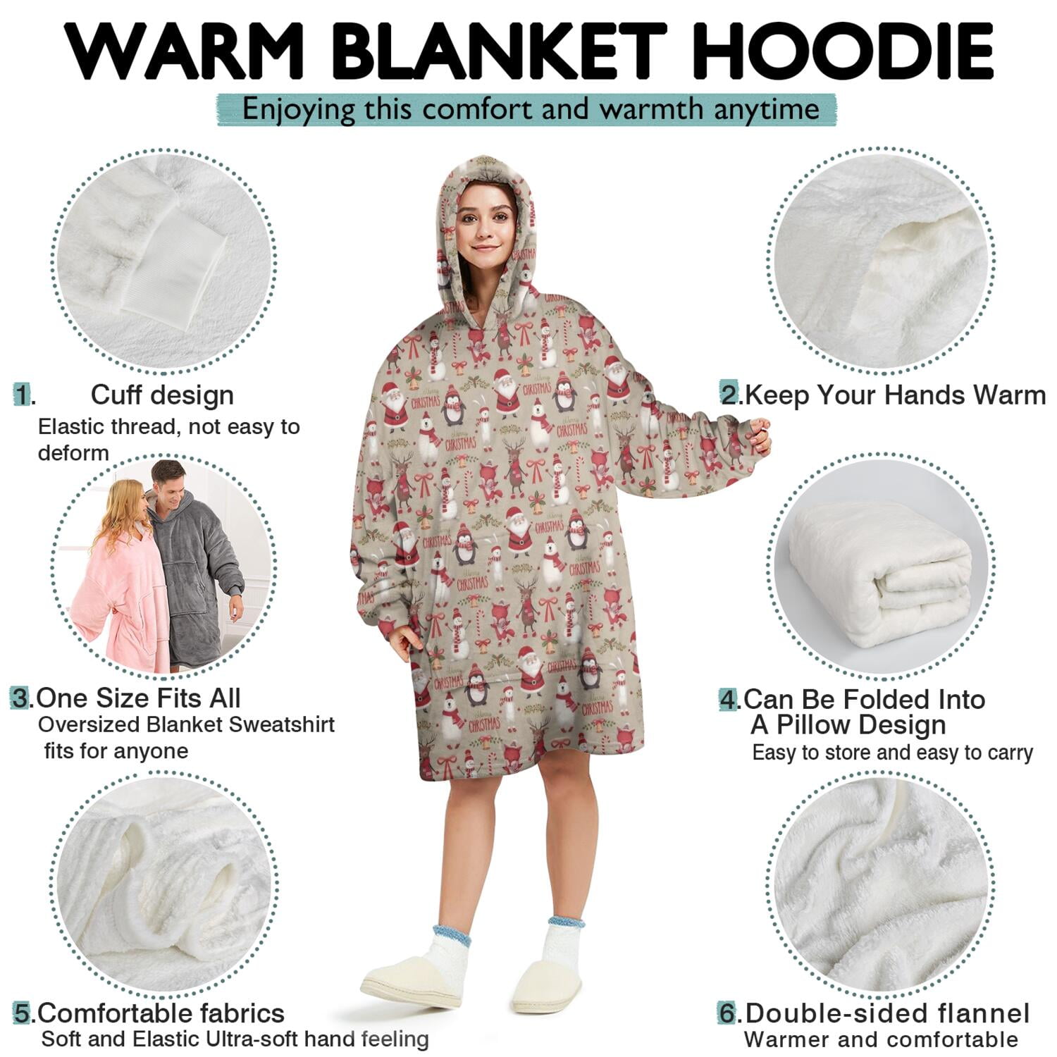 Wearable Oversized Blanket,Beige Christmas Character Pattern Wearable Blanket Hoodie for Adults,Cozy Hooded Blankets with Super Pockets,Super Warm Fuzzy Pullover for Women & Men