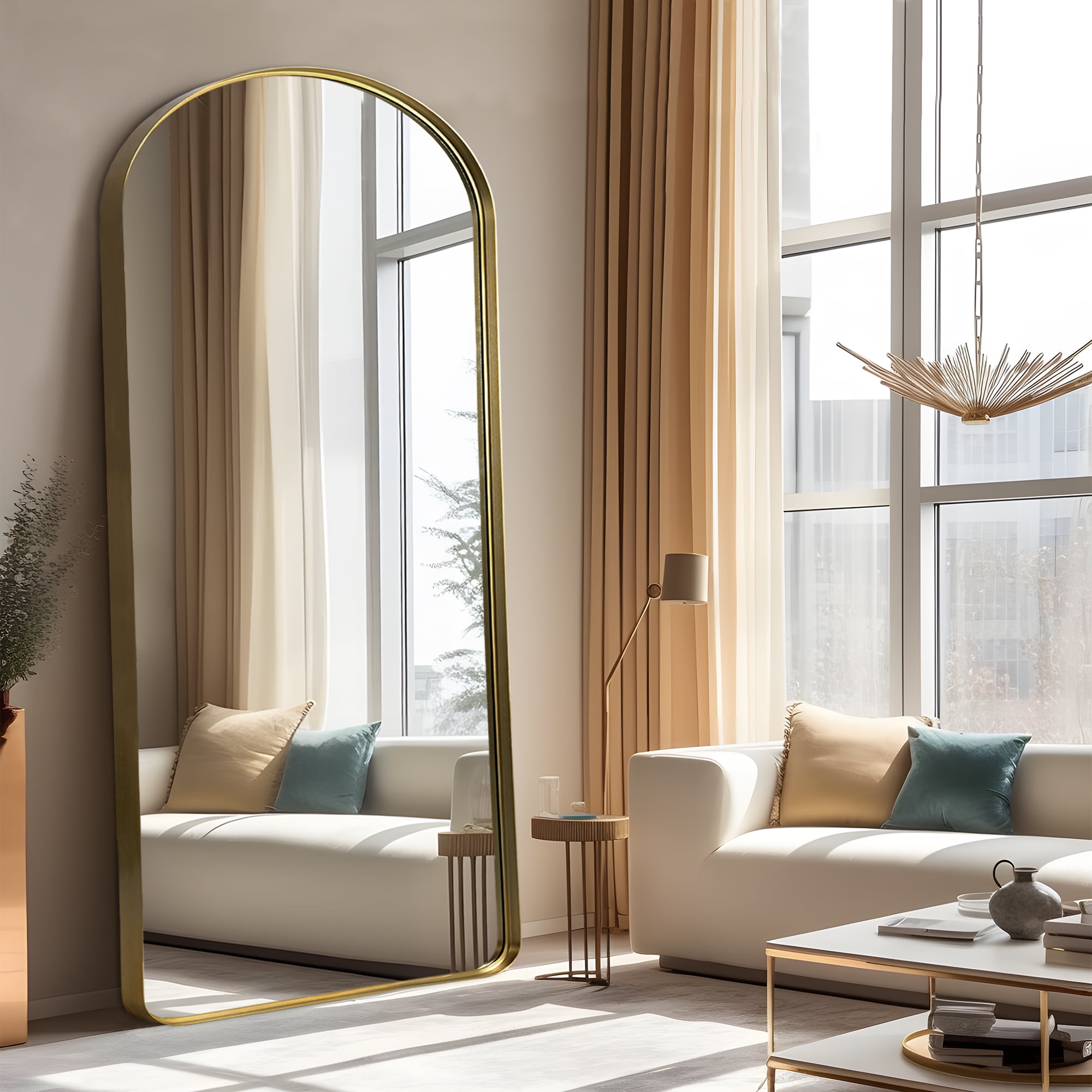 71"x32" Aluminum Alloy Wall Mount Rounded Corner Arched Mirror,Gold Vertical hanging without bracket