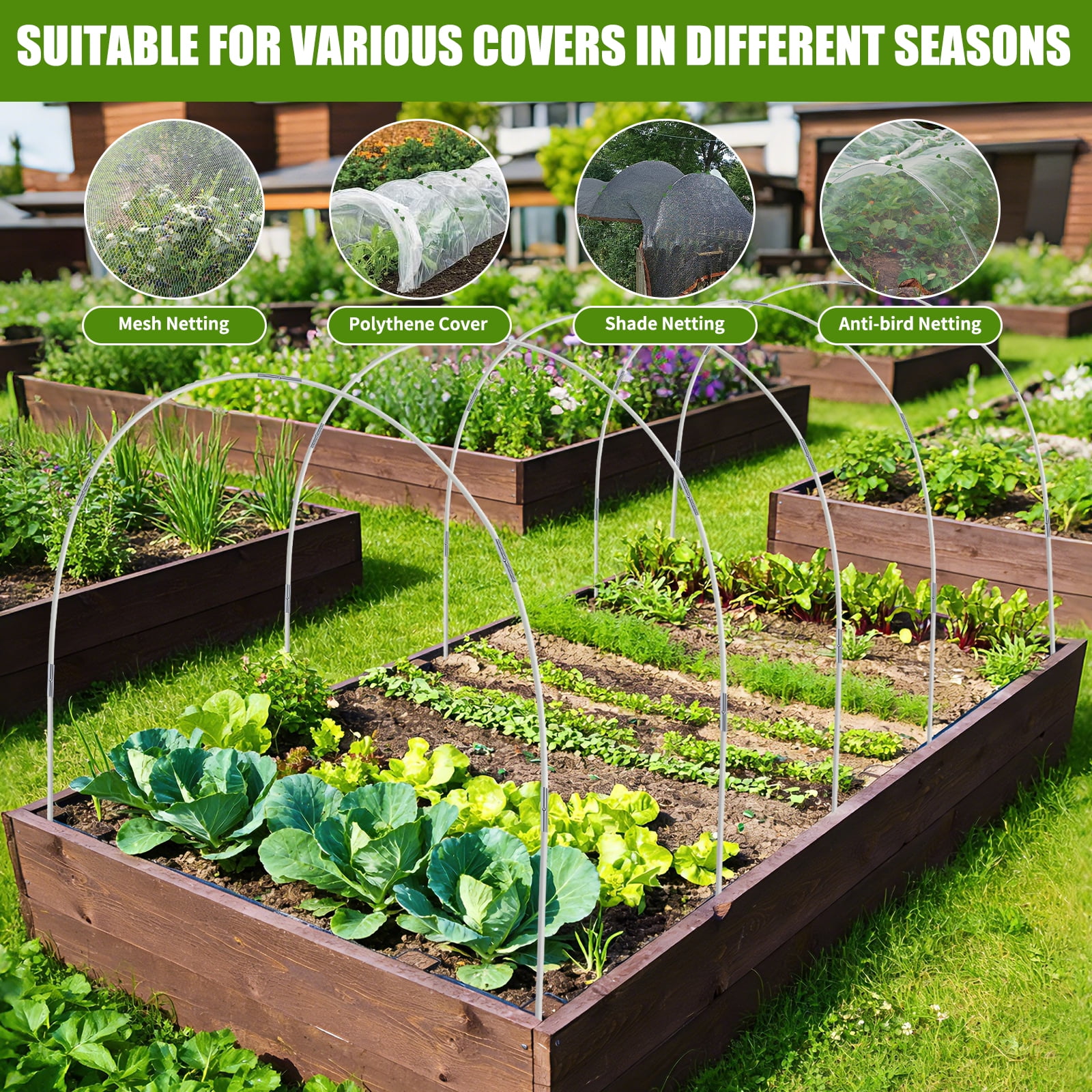 Ktinnead 60 pcs Garden Hoops for Raised Beds, Greenhouse Hoops Kit Grow Tunnel, Rust-Free Fiberglass Garden Support Poles for Insect Mesh Netting Freeze Plant Cover