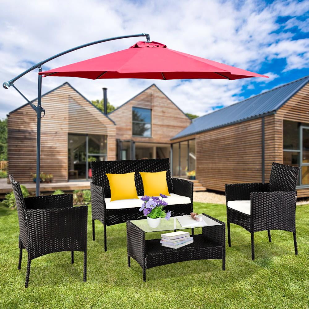 Oshion 4 Pcs Outdoor Rattan Furniture Set Double CoffeeTable Black