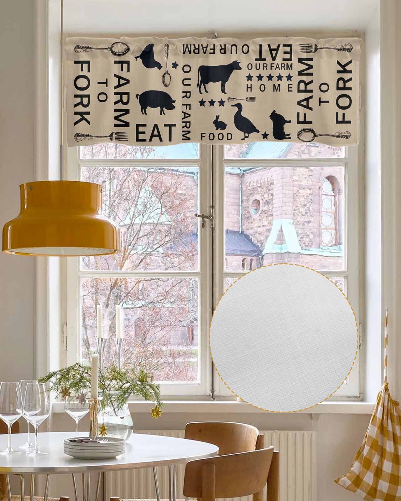 Farmhouse Brown Linen Curtain Valance for Bedroom/Bathroom/Kitchen/Living/Dining Room Window,Farm Star Fork Pig Chicken Duck Bunny Cow Pocket Topper Drapes Decorative Cafe Drapery Panel 42"x18"