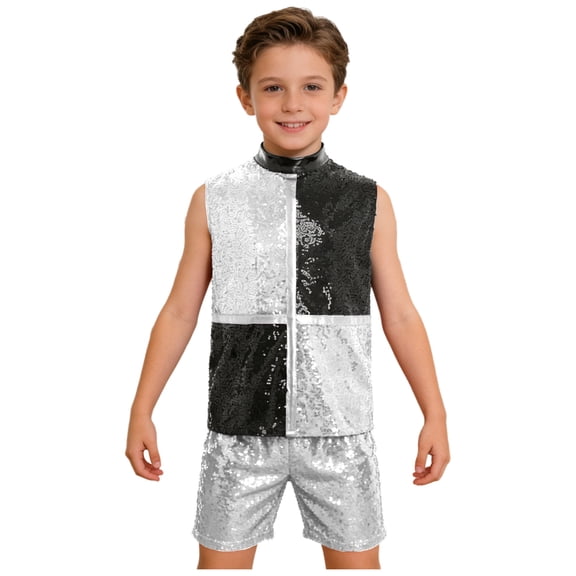 Hansber Boys Hip Hop Street Jazz Dance Outfit Kids Color Block Sleeveless Tank Top with Sequin Shorts Set Silver 10