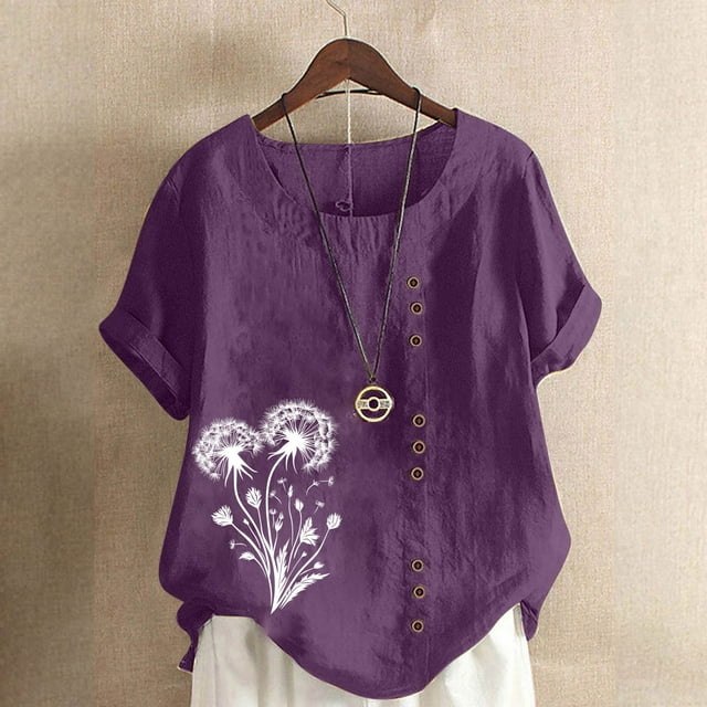 UPPADA Tuniques à Manches Courtes pour Femmes de Moins de 15 Col Rond Coton Lin Chemises Décontractées Imprimé Floral Bouton Blouse Ample Grande Taille Tunique Ample Coupe Décontractée Bouton Blouse Ample Confortable Violet,TG