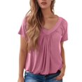 thumbnail image 3 of Womens Short Sleeve Casual Tops Dressy V Neck T Shirts Loose Fit Summer Pleated Blouses Pink S, 3 of 7
