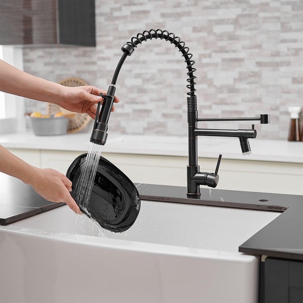 ANGELES HOME LED Kitchen Faucet with Single-Handle, Pull Down Sprayer Kitchen Faucet, Kitchen Sink Faucet with Double Spout in Oil Rubbed Bronze